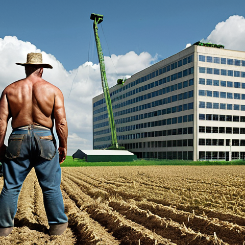 **Prompt:** A contrasting image depicting a small, struggling organic farmer next to a large, modern agricultural corporation headquarters. The farmer's field should look natural and diverse, while the corporation's facility should appear sterile and imposing. The image should evoke a sense of David vs. Goliath.