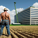 **Prompt:** A contrasting image depicting a small, struggling organic farmer next to a large, modern agricultural corporation headquarters. The farmer's field should look natural and diverse, while the corporation's facility should appear sterile and imposing. The image should evoke a sense of David vs. Goliath.
