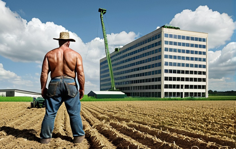 **Prompt:** A contrasting image depicting a small, struggling organic farmer next to a large, modern agricultural corporation headquarters. The farmer's field should look natural and diverse, while the corporation's facility should appear sterile and imposing. The image should evoke a sense of David vs. Goliath.